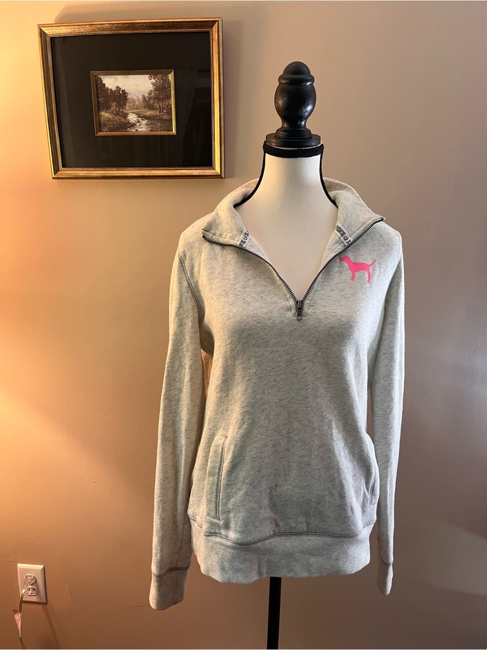 Victoria's Secret Gray Quarter-Zip Sweatshirt with Pink Logo